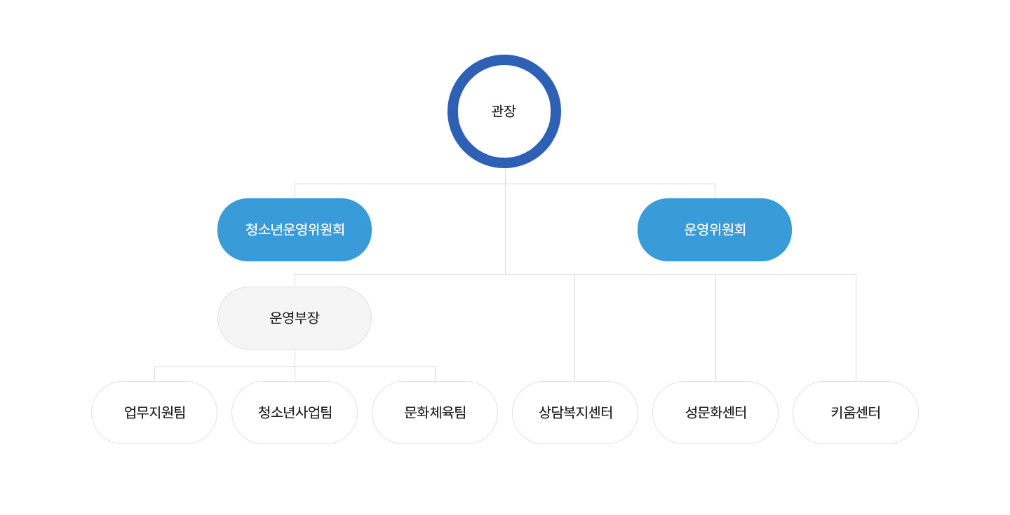 운영조직도 관장 밑 청소년운영위원회, 운영위원회 , 운영부장, 운영부장, 운영부장, 운영부장 운영부장 밑 업무지원팀, 청소년사업팀, 문화체육팀