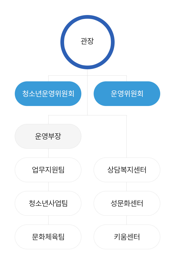 운영조직도 관장 밑 청소년운영위원회, 운영위원회 , 운영부장, 운영부장, 운영부장, 운영부장 운영부장 밑 업무지원팀, 청소년사업팀, 문화체육팀