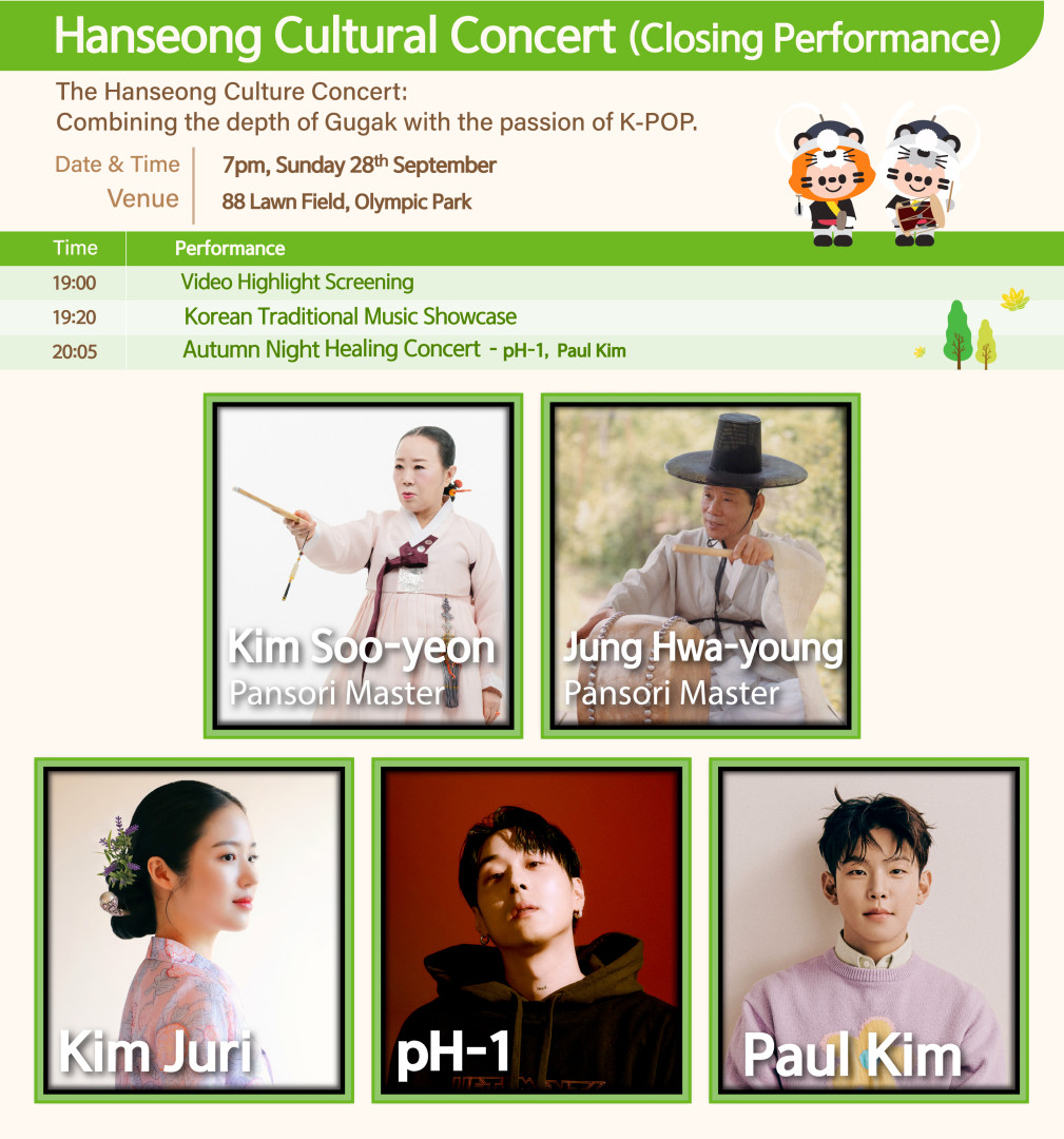 
Promotional poster for the 'Hanseong Cultural Concert (Closing Performance).'
'The Hanseong Culture Concert: Combining the depth of Gugak with the passion of K-POP.'
Date & Time: 7pm, Sunday 28th September. Venue: 88 Lawn Field, Olympic Park.
Two cute tiger characters dressed in traditional Korean attire, one of whom is playing a drum.
Performance Schedule Table:
19:00: Video Highlight Screening.
19:20: Korean Traditional Music Showcase.
20:05: Autumn Night Healing Concert - pH-1, Paul Kim.
Performer Photos: The bottom half of the poster features five individual photos of the performers:
Kim Soo-yeon (Pansori Master): A woman in a light pink Hanbok holding a traditional fan.
Jung Hwa-young (Pansori Master): A man in a white Hanbok and a traditional black hat (gat), holding drumsticks.
Kim Juri: A woman in a floral Hanbok, captured in a side profile.
pH-1: A man wearing a black hooded sweatshirt.
Paul Kim: A man wearing a light purple knit sweater.
