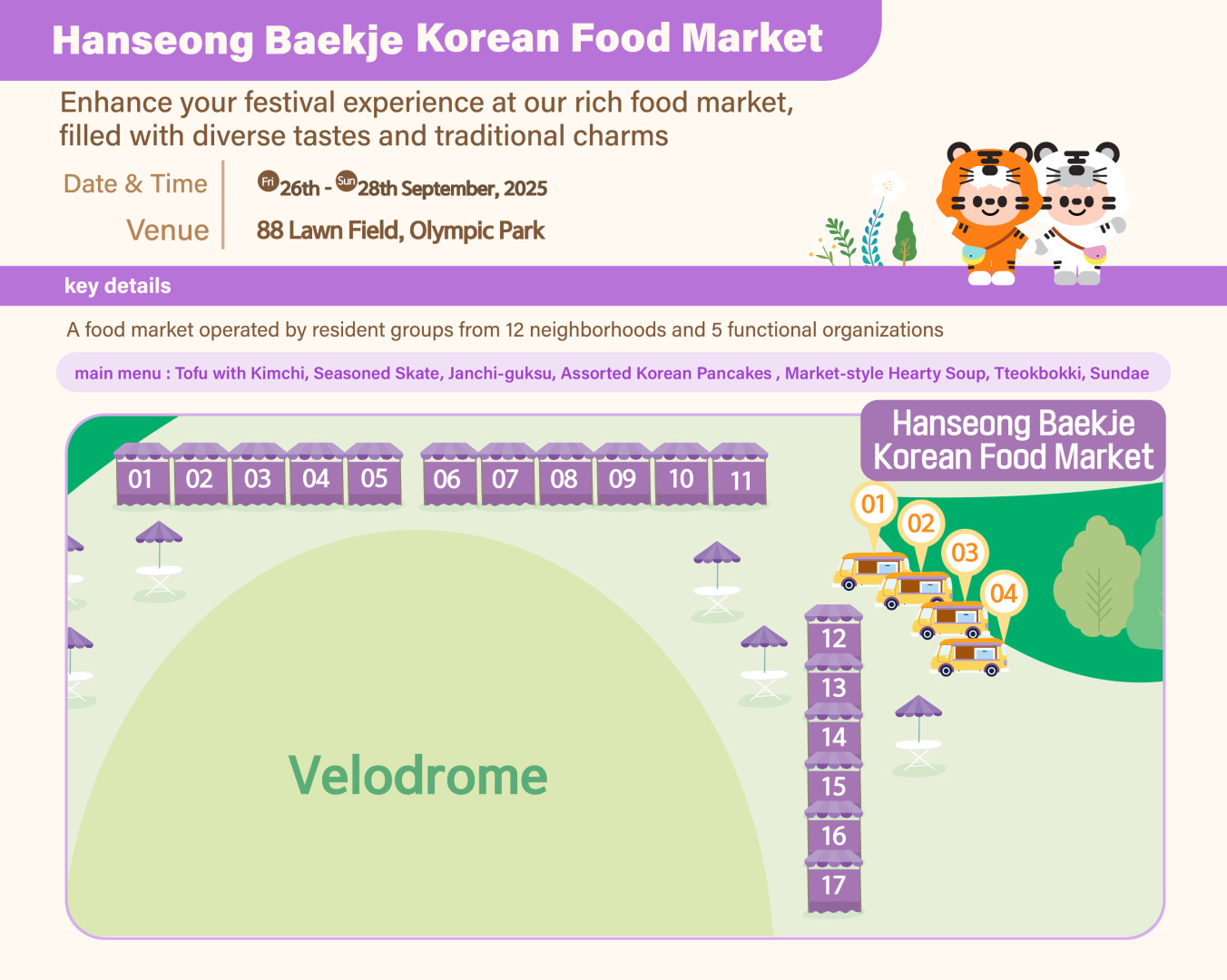 
Information and map for the 'Hanseong Baekje Korean Food Market.'
Enhance your festival experience at our rich food market, filled with diverse tastes and traditional charms.'
Date & Time: Fri 26th - Sun 28th September, 2025. Venue: 88 Lawn Field, Olympic Park.
A food market operated by resident groups from 12 neighborhoods and 5 functional organizations.
Tofu with Kimchi, Seasoned Skate, Janchi-guksu, Assorted Korean Pancakes, Market-style Hearty Soup, Tteokbokki, Sundae.
Shows the 'Velodrome' area with 17 numbered purple booths (01-17) and 4 food trucks (01-04) arranged along a green field with small purple parasol tables.
