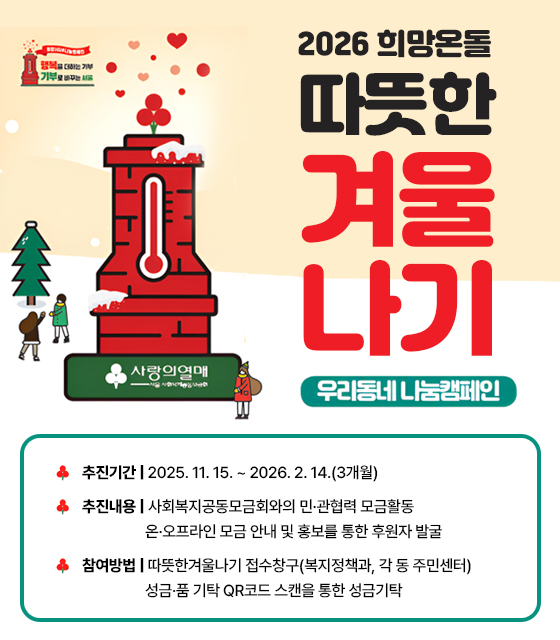 2026 희망온돌 따뜻한 겨울나기 캠페인
- 추진기간: 2025. 11. 15. ~ 2026. 2. 14.(3개월)
- 추진내용: 사회복지공동모금회와의 민·관협력 모금활동
                     온·오프라인 모금 안내 및 홍보를 통한 후원자 발굴
- 참여방법: 따뜻한겨울나기 접수창구(복지정책과, 각 동 주민센터) 성금·품 기탁
                     QR코드 스캔을 통한 성금기탁