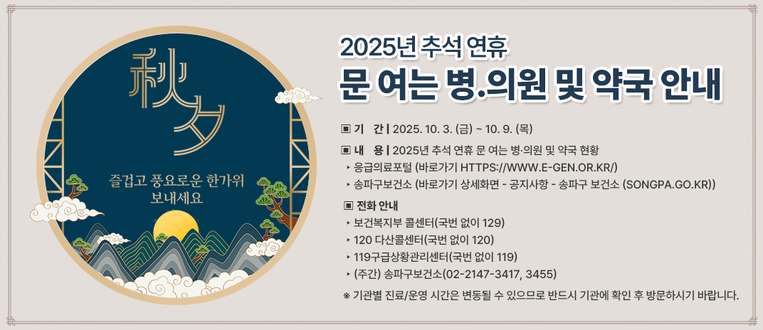 2025년 추석 연휴 문 여는 병?의원 및 약국 안내
- 기 간: 2025. 10. 3. (금) ~ 10. 9. (목)
- 내 용: 2025년 추석 연휴 문 여는 병·의원 및 약국 현황
- 응급의료포털 (바로가기 https://www.e-gen.or.kr/)
- 송파구보건소 (바로가기 상세화면 - 공지사항 - 송파구 보건소 (songpa.go.kr))
- 전화 안내
- 보건복지부 콜센터(국번 없이 129)
- 120 다산콜센터(국번 없이 120)
- 119구급상황관리센터(국번 없이 119)
- (주간) 송파구보건소(02-2147-3417, 3455)
※ 기관별 진료/운영 시간은 변동될 수 있으므로 반드시 기관에 확인 후 방문하시기 바랍니다.
