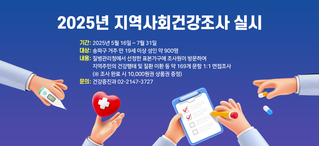 2025년 지역사회건강조사 실시
 ㆍ기간: 2025년 5월 16일 ~ 7월 31일
 ㆍ대상: 주민등록상 송파구 거주만 19세 이상 약 900명
 ㆍ내용: 질병관리청에서 선정한 표본가구에 조사원이 방문하여 
         지역주민의 건강행태 및 질환 이환 등 약 169개 문항 1:1 면접조사 (※ 조사 완료 시 10,000원권 상품권 증정)
 ㆍ문의: 건강증진과 02-2147-3727