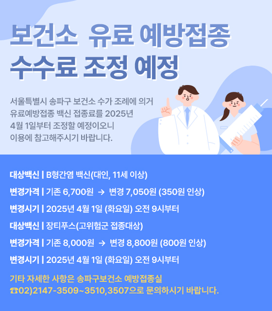 [보건소 유료 예방접종 수수료 조정 예정]

서울특별시 송파구 보건소 수가 조례에 의거 유료예방접종 백신 접종료를 2025년 4월 1일부터 조정할 
예정이오니 이용에 참고해주시기 바랍니다. 

▷ 대상백신 : B형간염 백신(대인, 11세 이상)
   변경가격 : 기존 6,700원  →  변경 7,050원 (350원 인상)
   변경시기 : 2025년 4월 1일 (화요일) 오전 9시부터 

▷ 대상백신 : 장티푸스(고위험군 접종대상)
   변경가격 : 기존 8,000원  →  변경 8,800원 (800원 인상)
   변경시기 : 2025년 4월 1일 (화요일) 오전 9시부터 

기타 자세한 사항은 송파구보건소 예방접종실 ☎02)2147-3509~3510,3507으로 문의하시기 바랍니다.