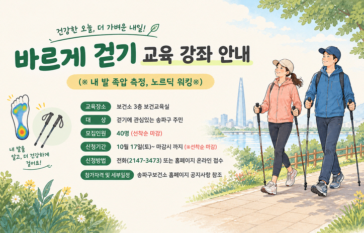 - 교 육 명 : 바르게 걷기 교육 강좌 안내(※ 내 발 족압 측정, 노르딕 워킹※)

 - 교육장소 : 보건소 3층 보건교육실

 - 대    상 : 걷기에 관심있는 송파구 주민

 - 모집인원 : 40명 (선착순 마감)             

 - 신청기간 : 10월 17일(토)~ 마감시 까지 (※선착순 마감)

 - 신청방법 : 전화(2147-3473) 또는 홈페이지 온라인 접수

 - 참가자격 및 세부일정: 송파구보건소 홈페이지 공지사항 참조