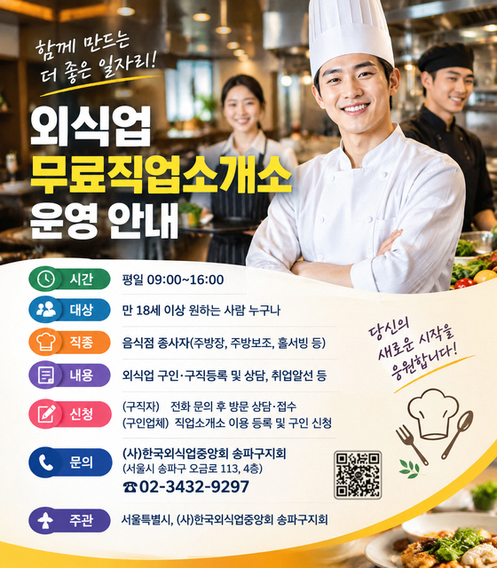 외식업 무료직업소개소 운영 안내
시간: 평일 09:00~16:00
대상: 만 18세 이상 원하는 사람 누구나
직종: 음식점 종사자(주방장, 주방보조, 홀서빙 등)
내용: 외식업 구인·구직등록 및 상담, 취업알선 등
신청: (구직자) 전화 문의 후 방문 상담·접수
     (구인업체) 직업소개소 이용 등록 및 구인 신청
문의: (사)한국외식업중앙회 송파구지회(서울시 송파구 오금로 113, 4층)
     ☎02-3432-9297
주관: 서울특별시, (사)한국외식업중앙회 송파구지회
