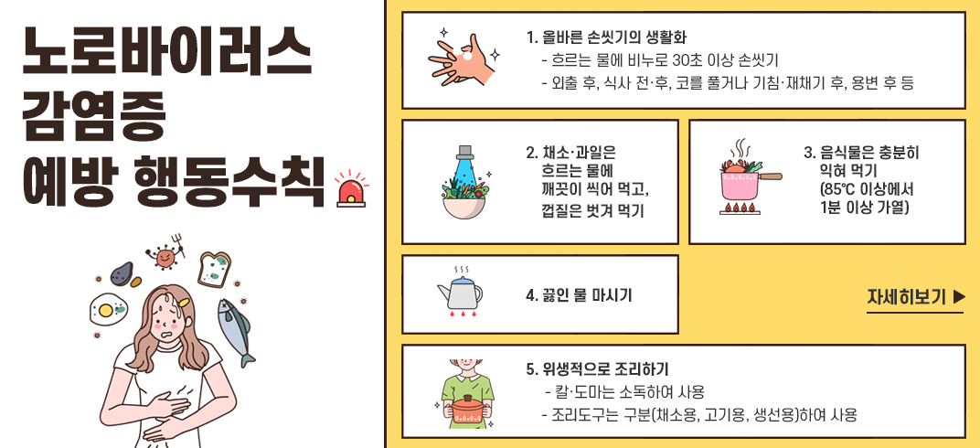 <노로바이러스감염증 예방 행동수칙>
1. 올바른 손씻기의 생활화
- 흐르는 물에 비누로 30초 이상 손씻기
- 외출 후, 식사 전·후, 코를 풀거나 기침·재채기 후, 용변 후 등
2. 채소·과일은 흐르는 물에 깨끗이 씩어 먹고, 껍질은 벗겨 먹기
3. 음식물은 충분히 익혀 먹기(85℃ 이상에서 1분 이상 가열)
4. 끓인 물 마시기
5. 위생적으로 조리하기
- 칼·도마는 소독하여 사용
- 조리도구는 구분(채소용, 고기용, 생선용)하여 사용

[자세히보기] → 팝업연결
