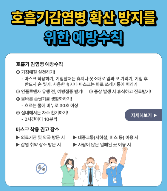 <호흡기감염병 확산 방지를 위한 예방수칙>
- 호흡기 감염병 예방수칙
 - 기침예절 실천하기!
    - 마스크 착용하기, 기침할때는 휴지나 옷소매로 입과 코 가리기, 기침 후 반드시 손 씻기, 사용한 휴지나 마스크는 바로 쓰레기통에 버리기
 - 인플루엔자 유행 전, 예방접종 받기!
 - 증상 발생 시 휴식하고 진료받기!
 - 올바른 손씻기를 생활화하기!
    - 흐르는 물에 비누로 30초 이상 
 - 실내에서는 자주 환기하기!- 2시간마다 10분씩
- 마스크 착용 권고 장소 
  - 의료기관 및 약국 방문 시     - 대중교통(지하철, 버스 등) 이용 시
  - 감염 취약 장소 방문 시         - 사람이 많은 밀폐된 곳 이용 시
자세히보기 -> 팝업연결