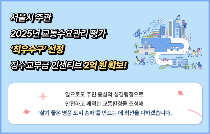 서울시 주관
2025년 교통수요관리 평가‘최우수구’ 선정
징수교부금 인센티브 2억원 확보!
앞으로도 주민 중심의 섬김행정으로 안전하고 쾌적한 교통환경을 조성해
‘살기 좋은 명품 도시 송파’를 만드는 데 최선을 다하겠습니다