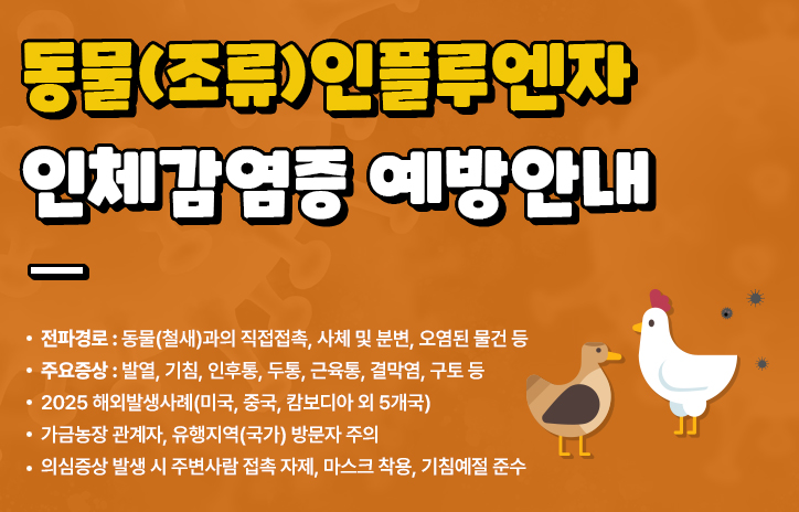 <동물(조류)인플루엔자 인체감염증 예방안내>
- 전파경로: 동물(철새)과의 직접접촉, 사체 및 분변, 오염된 물건 등
- 주요증상: 발열, 기침, 인후통, 두통, 근육통, 결막염, 구토 등
- 2025 해외발생사례(미국, 중국, 캄보디아 외 5개국)
- 가금농장 관계자, 유행지역(국가) 방문자 주의
- 의심증상 발생 시 주변사람 접촉 자제, 마스크 착용, 기침예절 준수
자세히보기