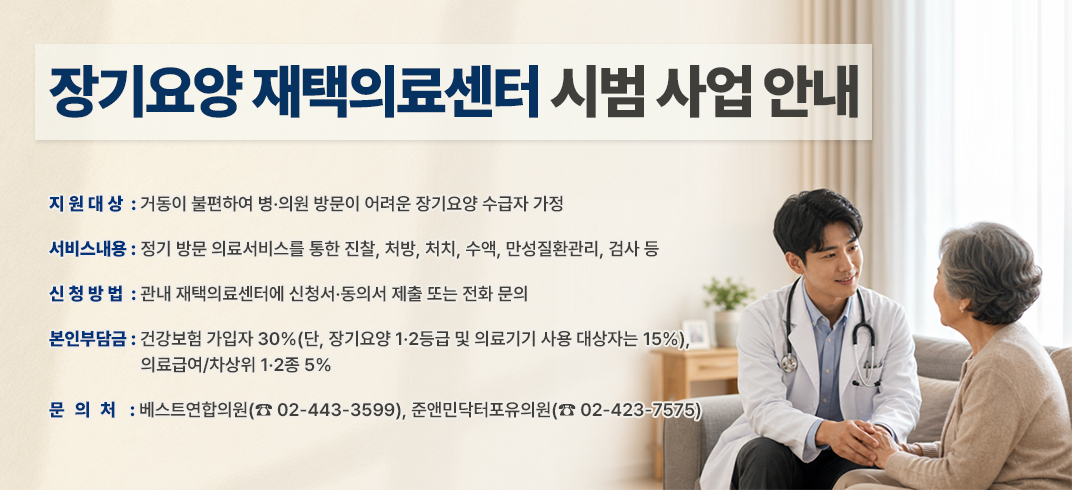 장기요양 재택의료센터 시범 사업 안내

- 지원대상: 거동이 불편하여 병·의원 방문이 어려운 장기요양 수급자 가정
- 서비스내용: 정기 방문 의료서비스를 통한 진찰, 처방, 처치, 수액, 만성질환관리, 검사 등
- 신청방법: 관내 재택의료센터에 신청서·동의서 제출 또는 전화 문의
- 본인부담금: 건강보험 가입자 30%(단, 장기요양 1·2등급 및 의료기기 사용 대상자는 15%), 
               의료급여/차상위 1·2종 5% 
- 문의처: 베스트연합의원(☎ 02-443-3599), 준앤민닥터포유의원(☎ 02-423-7575)