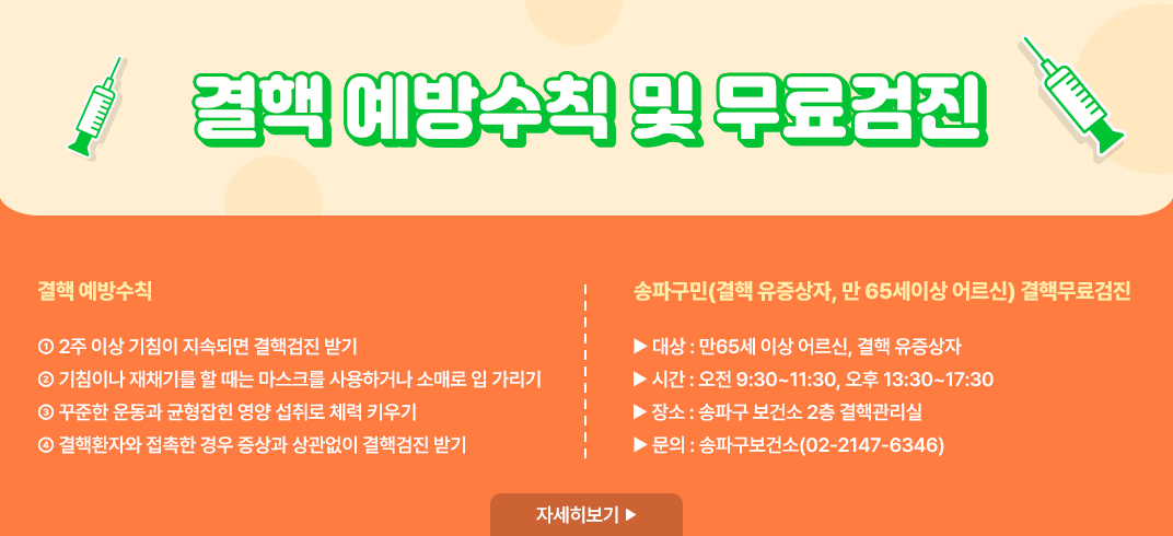 결핵 예방수칙 및 무료검진
- 결핵 예방수칙
 1. 2주 이상 기침이 지속되면 결핵검진 받기 
- 대상: 만65세 이상 어르신, 결핵 유증상자
- 시간: 오전 9:30~11:30, 오후 13:30~17:30
- 장소: 송파구 보건소 2층 결핵관리실
 2.  기침이나 재채기를 할 때는 마스크를 사용하거나 소매로 입 가리기
 3.  꾸준한 운동과 균형잡힌 영양 섭취로 체력 키우기
 4.  결핵환자와 접촉한 경우 증상과 상관없이 결핵검진 받기

- 송파구민(결핵 유증상자, 만 65세이상 어르신) 결핵무료검진

   문의: 송파구보건소(02-2147-6346)
   자세히보기