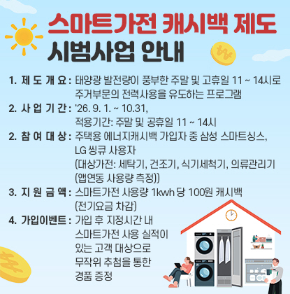 스마트가전 캐시백 제도 시범사업 안내
1. 제도개요: 태양광 발전량이 풍부한 주말 및 고휴일 11 ~ 14시로 주거부문의 전력사용을 유도하는 프로그램
2. 사업기간 ＇26. 9. 1. ~ 10.31, 적용기간: 주말 및 공휴일 11 ~ 14시
2. 참여대상: 주택용 에너지캐시백 가입자 중 삼성 스마트싱스, LG 씽큐 사용자
   (대상가전: 세탁기, 건조기, 식기세척기, 의류관리기(앱연동 사용량 측정)
3. 지원금액: 스마트가전 사용량 1kwh 당 100원 캐시백(전기요금 차감)
4. 가입이벤트: 가입 후 지정시간 내 스마트가전 사용 실적이 있는 고객 대상으로 무작위 추첨을 통한 경품 증정