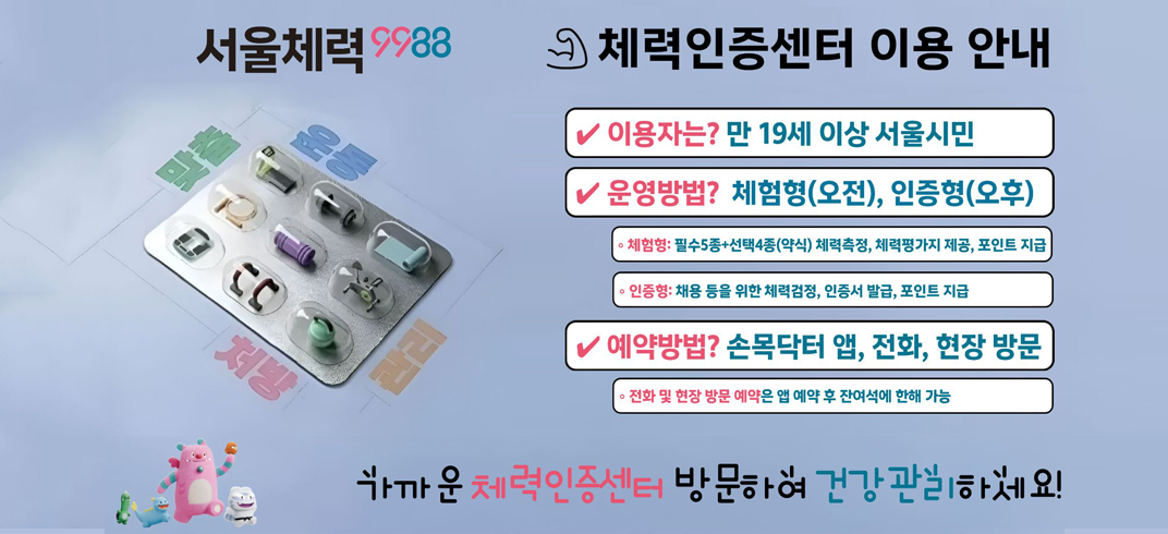 서울체력 9988 체력인증센터 이용 안내
이용자는? 만 19세 이상 서울시민
운영방법? 체험형(오전), 인증형(오후)
체험형: 필수5종, 선택4종(약식) 체력측정, 체력평가지 제공, 포인트 지급
인증형: 채용 등을 위한 체력검정, 인증서 발급, 포인트 지급
예약방벙? 손목닥터 앱, 현장방문
전화 및 현장 방문 예약은 앱 예약 후 잔여석에 한해 가능
가까운 체력인증센터 방문하여 건강관리하세요!